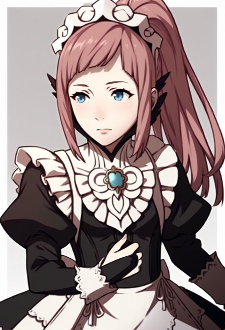 score_9, score_8_up, score_7_up, source_anime BREAK 1girl, solo, <lora:zs_AwakeningPortraitsXL:1>awakeningportraits, portraits, white background,  <lora:felicia-fe-richy-v1_xl:1> feliciadef, pink hair, ponytail, blue eyes, maid headdress, brooch, maid apron, black thighhighs, bridal gauntlets