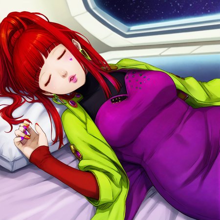 masterpiece, best quality, 1girl, solo, sq,  red hair, jewelry, earrings, purple eyes, lips, nail polish, makeup, long hair, ponytail, jacket, dress, spaceship room background, sleeping on a bed
