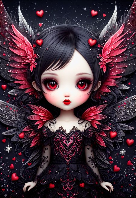 beautiful hyper detailed ultra realistic hyper detailed beautiful dark chibi fairy, hyper detailed eyes, shadow woman red lips graphic, dark intricate wings on back, in the style of Charlie Bowater, nicoletta ceccoli , dark  Whimsical, Detailed Fantasy, black lace Background pattern with tiny  3d red and pink hearts, Glitter, White Thorns, Muted Colors, Explosion, Intricate Extremely Detailed, Hyperdetailed, style of monica lee, Hgonzag, Camilla d'Errico Diego Gisbert,Winter wonder land art art, Masterpiece, trending on artstation, featured on pixiv, cinematic composition, 8K