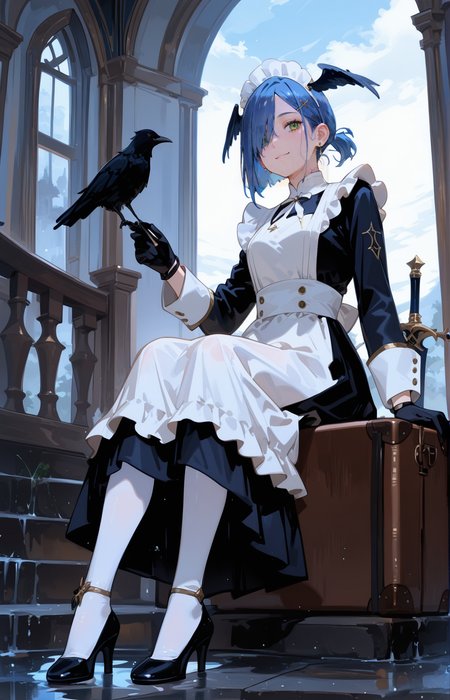 IchigoCYQL,1girl,solo,blue hair,short hair,green eyes,hairclip,hair ornament,hair over one eye,<lora:IchigoCYQL:1>,
BREAK
sitting,pantyhose,blackfootwear,wings,headwings,blackdress,longsleeves,bird,whitepantyhose,dress,jewelry,blackgloves,scar,gloves,scaracrosseye,ponytail,lookingatviewer,closedmouth,earrings,fullbody,apron,maidheaddress,puffysleeves,lantern,shoes,maid,veryweapon,sky,whiteapron,highheels,scaronface,gun,cloud,skirt,sword,outdoors,rain,indoors,frills,cloudysky,holding,julietsleeves,ammunitionbelt,maidapron,window,puffylongsleeves,crow,watercraft,breasts,anklet,belt,cross,suitcase,whitedress,ship,smile,shirt,water,stairs,pinkribbon,rapier,ribbon,frombelow,shoesoles,frilledapron,
BREAK
748cmstyle,EtherStyle,<lora:96YOTTEA-WAI:0.3>,<lora:EtherSDXL:0.4>,<lora:illustrious_all_rated_v1:0.5>,<lora:spo_sdxl_10ep_4k-data_lora_webui:0.6>,<lora:ponyv5_noobV065S_1_adamW:0.7>,<lora:748cmSDXL:0.8>,
perfect quality,high quality,masterpiece,best quality,amazing quality,very aesthetic,absurdres,newest,