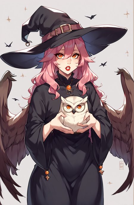 score_9,score_8_up,score_7_up,score_6_up,score_5_up,score_4_up source_explicit,nsfw, witchyset21, 1girl,solo,long hair,looking at viewer,open mouth,red eyes,long sleeves,hat,dress,holding,standing,pink hair,purple hair,parted lips,wings,teeth,wide sleeves,blurry,black dress,orange eyes,black headwear,witch hat,bird,animal,red lips,witch,holding animal,owl <lora:kame_3-v1e80:1>,