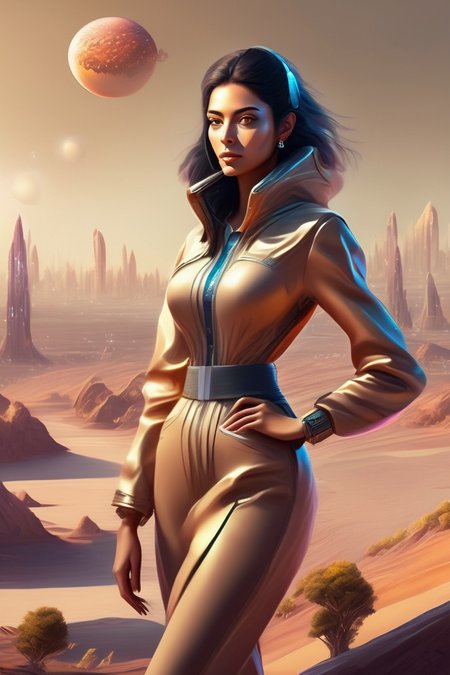 woman in an alien planet with serene nature and human city digital painting, Rafael Sanzio, birds, very well dressed, tan skin, beautiful landscape, looking to the camera, looking straight ahead, manga, perfect hands, highly detailed, Monalisa pose, high contrast, high quality, digital painting, highly detailed <lora:Lexica_XL_V1:1>
