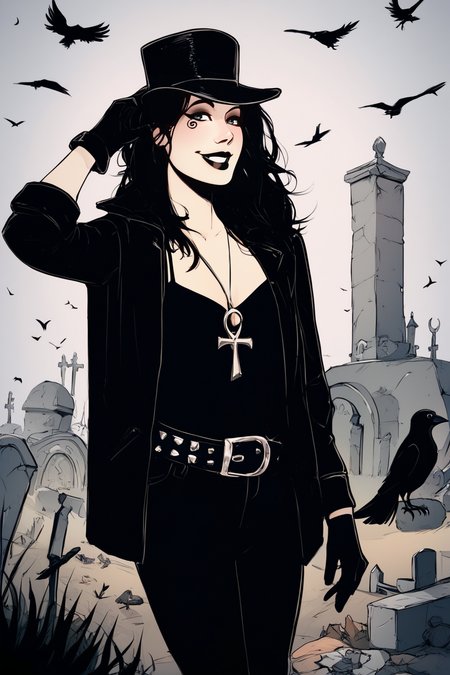 score_9, score_8_up, score_7_up, masterpiece, high quality, BREAK
<lora:Death of the EndlessPonyLoRA:1>dethofend, pale skin, colored skin, long hair, tattoo under eye, ankh necklace, black tank top, belt, black pants, gloves, hat, jacket, crow , on a graveyard, smile