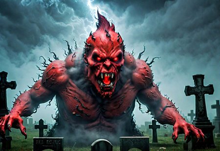 lightening, dark, night, (beast appears from the fog and mist in a creepy graveyard, The beasts looks very angry and ready to cause chaos,  red DEVIL SPAWN