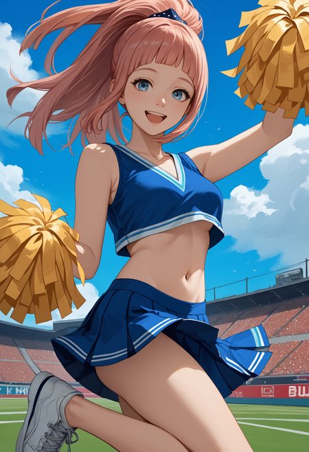 score_9, score_8_up, score_7_up, source_anime BREAK 1girl, solo,  <lora:felicia-fe-richy-v2_pdxl:1> flcrnd, blue eyes, pink hair, long hair, ponytail, blunt bangs, breasts, standing on one leg, crop top, cheerleader, pom pom \(cheerleading\), outdoors, blue sky, navel, midriff, pleated skirt, open mouth, smile, happy, arm up, sneakers