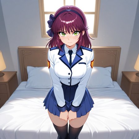 (very detailed background:1.0), (highly detailed background:1.0), (Masterpiece), High Quality, (1girl, solo),
 <lora:AngelBeasts_Yuri-05:0.35>, <lora:AngelBeatsStyle:0.3>,
Angelbeats_Yuri, purple hair, SSS_Uniform,  white and blue uniform, green eyes, hairband, medium hair, skirt, thighhighs, black thighhighs, zettai ryouiki, hair bow,
standing, embarrassed, blush, blush lines, looking at viewer,  medium breasts, 
bedroom, bed, bedsheets, pillow,