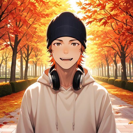 masterpiece, best quality, amazing quality, absurdres, newest, detailed background, definition so sharp, Ultra-HD, 8K cinematic, very awa, impressionate, amazing quality, highres, 
solo, male focus, manly, 
1boy, short hair, beanie, headphone around neck, misaki_orange hair, misaki_brown eyes, misakiyata, casual outfit, hoodie, bright lighting, park, autumn leaves, warm colors, lively, friendly, approachable, genuine happiness, looking at viewer, open mouth smile,