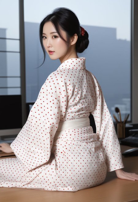 FOTOREALISTIC, night, long_straight black hair, beautiful japaneese_lady, tall, huge_breasts, big_tits, white_japaneese_kimono_with_big_round_red_dots, office, ,sitting behind a desk and working, background window_tokio,  score_9, score_8_up, score_7_up, score_6_up, score_5_up, score_4_up, UHD, 8K, masterpiece, ultra-realistic, Ultra detailed photorealistic background, photoreal, realistic high detailed beautiful face, anatomic correct bodies, ultra_high_resolution, Extremely Realistic, lots of detail, emty_hands, hands_hidden.