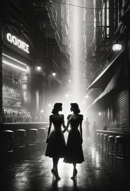score_9, score_8_up, score_7_up, score_6_up, 2 girls, hugging, being hugged, hugged from behind, mad-sincity, noir, monochrome, very aesthetic, masterpiece, best quality, highres, absurdres, cinematic lighting, dynamic angle, detailed, intricate details, perfection,
BREAK,
2girls, ((duo)), 24yo, beautiful face, full lips, long hair, medium breasts, nightclub, 
BREAK,
short skirt, crop top, waitress, sweater
in a crowded bar, people in the background,
