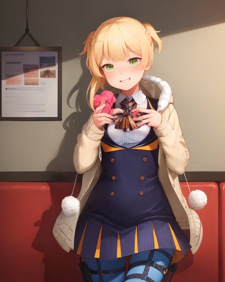 (extremely detailed CG unity 8k wallpaper),(masterpiece), (best quality), (ultra-detailed), (best illustration),(best shadow), (cowboy shot:1.2), (sharp eyeliner, eyeshadow, detailed eyes:1.1), cafe background
,BREAK
welroddate, valentine, smile, shy, full-face blush, holding gift, blue pantyhose, hearts
 <lora:Welrod:1>