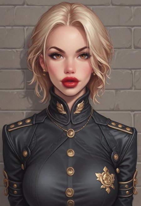 from front, (((front view))), 1girl, illustration, comic style, looking at viewer, highly detailed,
(((front view)))
In a gritty, noir-inspired urban setting bathed in the harsh glow of neon lights, K4TH3R1N3, a striking woman with platinum blonde hair cascading down her back, stands against the cold brick wall of an abandoned warehouse. Her piercing brown eyes are parted, revealing a hint of red lipstick-stained lips as she gazes directly at the viewer, challenging and intriguing in equal measure. The camera angle is low, casting her figure in sharp relief, with the dramatic shadows emphasizing the high collar of her unique outfit: a tailored trench coat made from a shimmering material that catches the light, adorned with intricate, steampunk-inspired metal accents. ((dynamic pose))
((full-clothed)),
BREAK 
dynamic pose <lora:Cherry-Gig:0.55> ((((full-clothed)))), 
BREAK
((dark room background))) score_9, score_8_up, score_7_up, score_6_up, source_cartoon, rating_explicit, Expressiveh, (((((upper body))))), dynamic pose