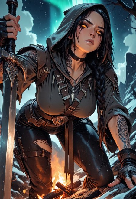 highres, very detailed, amazing quality, masterpiece,
very aesthetic,
particle effect,
1girl, beautiful eyes, looking at viewer, tough girl, slight muscle tone, tan skin, strong face, solo, toned arms, Covered in Tattoos, tattoo, neck tattoos, orange eyes, necklace, assassins robes, tight pants, ripped pants, holes ripped in pants, hooded, dark braided viking hair, large breasts, thick ass, large ass, choker, fingerless gloves, blade, sword, bent over, bending over, small camp, campfire, 
Viking theme, Nordic theme, assassins creed theme, 
Looking down at viewer, Looking down, holding out a sword towards viewer, foreshortening, pointing her sword at the viewer,
seducing, seductive, flirty, tender, loving, playful, cocky, annoyed, confused, 
on a mountain, snowing, Cloudy Sky, at night, nighttime, aurora in the sky,
From below:1.1, view from below:1.1
Bent over the viewer, The girl is above the viewer and she is looking down,