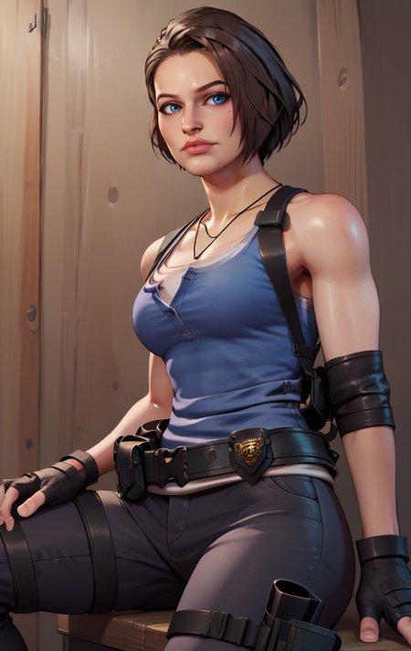 score_9, score_8_up, score_7_up, BREAK <lora:jillSDXL:1> jillvalentineSDXL, 1girl, solo, short hair, chestnut hair, blue eyes, gloves, jewelry, standing, black gloves, belt, pants, fingerless gloves, necklace, black footwear,  lips, tank top, realistic, holster, thigh holster, jill valentine, cowboy shot, sitting