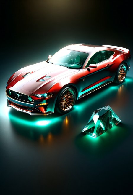 A futuristic car made entirely of transparent crystal that has  hints of a 1955 Chorvett sting ray convertible. It is  entirely made out of transparent red glass crystal, ultra detailed, enhanced, prismatic colors, render, CRU, sharp, 8k, octane render, cinema 4d, blender, dark, atmospheric 4k ultra detailed, cinematic, Sharp focus, big depth of field, Masterpiece, colors, 3d octane render, 4k, concept art, hyperrealistic, Vivid colors, extremely detailed 8k wallpaper, Intricate, High Detail. Car has square LED headlights, a glowing LED Ford mustang  emblem. LED running lights  Car is in a futurist high tech dealer showroom on a circular platform that is lit from below. The car has several spotlights on it which only enhance the crystal.  camera is looking down and sideways as the car. emeraldmorph