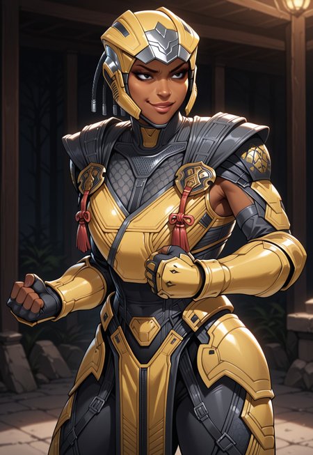 masterpiece, best quality, detailed, realistic, cowboy shot, smirk, 1girl, solo, Cyrax, Helmet, dark-skinned female, lips, black eyes, Black bodysuit, shoulder armor, breastplate, gauntlets, fingerless gloves, leg armor, pelvic curtain, fists, fighting stance,