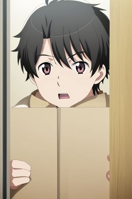 high resolution, solo, best quality, 1Boy, Inaho Kaizuka, Black Hair, surprised, peeking out, OverallDetail