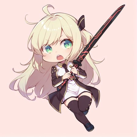 (score_9:0.9),score_8_up,score_7_up,rating:explicit,anime_style,(zPDXL),<lora:Sky striker ace - raye ponyXL v4.1:0.9>,sky striker ace - raye,ordinary uniform,brown hair ornament,brown necktie,brown thighhighs,black shoes,holding black katana,1girl,solo,weapon,chibi,open mouth,holding,looking at viewer,simple background,