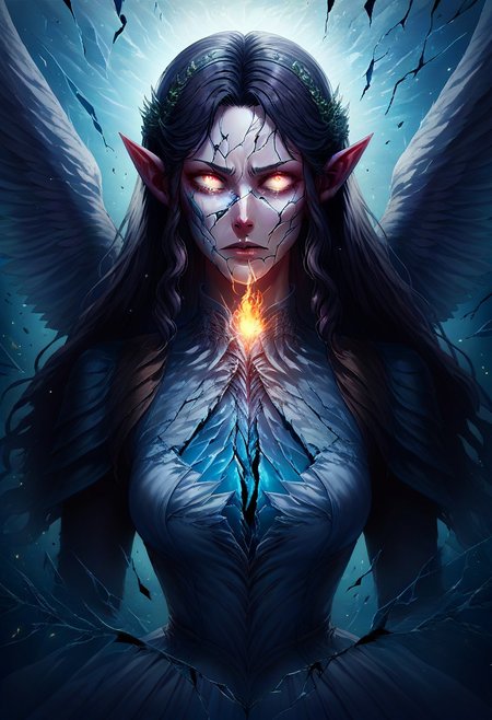 score_9, score_8_up, score_7_up, 1girl,(source_anime), source_Lord_of_the_rings, wings, angel, Arwen_Undómiel,tolkien's_legendarium, Arwen\(Lord_of_the_Rings\),  Arwen, elf, pointy ears, black hair, long hair, sidelocks, shattered, crack, cracked skin, broken glass, dissolving into flames, ral-dissolve, AngelicStyle
