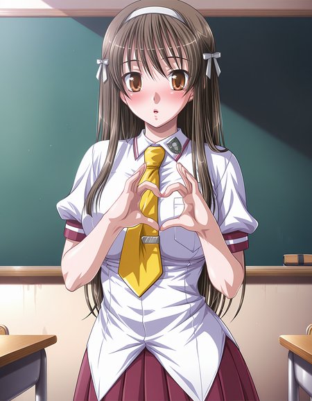 masterpiece, best quality, amazing quality, official art, ultra highres,
1girl, solo, hayashima_tsubaki, long hair, brown hair, hair ribbon, hairband, brown eyes, 
school uniform, yellow necktie, untucked shirt, pleated skirt,  BREAK
Seductive charm, blush, happy, parted lips, looking at viewer,
standing, heart hands,
in classroom, front view, sharp focus, depth of field, highly detailed
<lora:hayashima tsubaki v1.0-000008:1>
