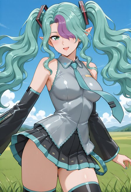 misery, pointy ears, green eyes, two-tone hair, green hair, purple hair, long hair, hair over one eye, wavy hair, twintails, hatsune miku \(cosplay\), vocaloid, collared shirt, bare shoulders, detached sleeves, pleated skirt, <lora:misery_illustrious_ver2:0.8> 
smile, open mouth, cowboy shot,, masterpiece, best quality, sensitive,, (dynamic pose:1.4),, 1girl, solo, blue sky, (grasslands:1.2), looking at viewer,