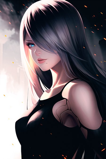 yorha type a no. 2,

1girl, android, bare shoulders, blue eyes, fog, hair over one eye, joints, light particles, long hair, mole, mole under mouth, one eye covered, portrait, robot joints, shadow, solo, white hair

robot, robot joints, mechanical parts, highres,

<lora:yorha_type_a_noDOT_2:0.7>
