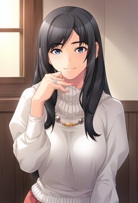score_9, score_8_up, score_7_up, score_6_up, score_5_up, score_4_up, masterpiece, source_anime, 1girl, c nanami, long hair, large breasts, black hair, blue eyes, white turtleneck sweater, puffy long sleeves, red miniskirt, untucked shirt, jewelry, indoors, looking at viewer, upper body, hand up, collarbone, leaning forward, light smile, cowboy shot, ring, <lora:Nanami_HondaVer3_PONY_c:1>