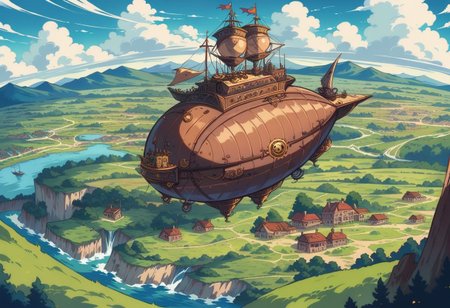 masterpiece, best quality, very aesthetic, absurdres, 
landscape, intricate,
outdoors, sky, clouds, steampunk, steampunk airships, wooden airship, blimp, (steampunk theme:1.2), mountain tops, flying ships, fields,
ultra wide angle shot, cinematic style, anime style, studio ghibli