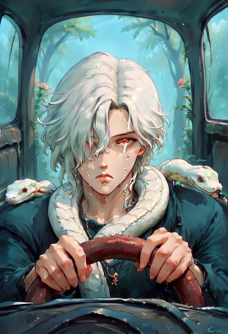Cutesexyrobutts,ironliliart,fiz-rot,power crashes kobeni's car (meme), car interior, holding, steering wheel, look at viewer, crying with wide eyes open, nervous sweating, from front,A man with a snake on his shoulders trying to escape, car,in a car, , human:1.2,  (sn4k3, snake, snake on shoulders, upper body, FntsyPstlCE style), front_view, scaleless snake:1.6, white coloured snake:1.2, red eyes on snake, a giant wheel of fortune background:1.2, wheel with chances of getting hit written in it:1.2, wheel:1.5, city background