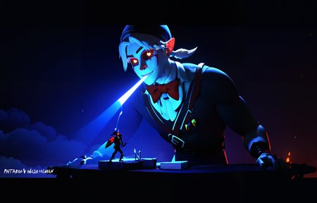 score_9, score_8_up, score_7_up, score_6_up, 8k, best quality, masterpiece, (ultra-detailed:1.1), good background, 
[<lora:TheUltimateShowdown-pony-Tanger-000005:0.8>::0.75], 
The ultimate showdown, player faces the boss, cg, 1boy, hat, night, link, an image of a creepy clown in a dark room, there is a creepy clown in a movie,