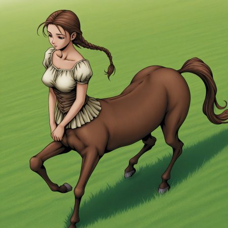 masterpiece, best quality, 
1girl, solo, 
brown hair, long hair, braid, 
breasts, 
centaur, 
grass field