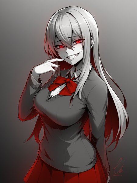 uncensored, score 9 up, score 8 up,
 <lora:Ediblue_Artist_Style_PonyXL:1>,gesugao, spot color, long hair, evil smile, red eyes, long sleeves, hair between eyes, school uniform, sidelocks, teeth, large breasts, 1girl, standing, looking at viewer,