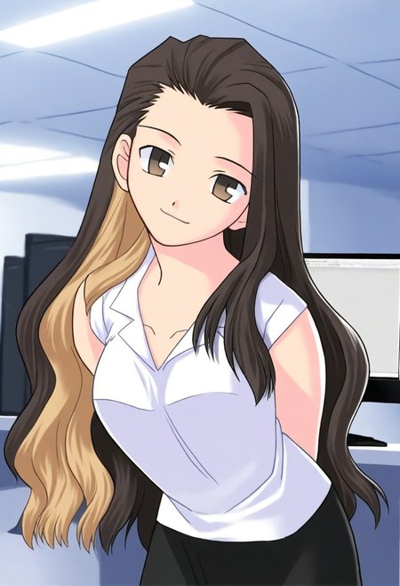 masterpiece, best quality, <lora:Tsukihime NXL:1>,solo,masterpiece, best quality, 
1girl, female focus, large breasts,  solo, brown eyes, brown hair, dark brown hair, black hair, blonde streaks in hair, multi-colored hair, long hair,wavy hair, hair part, side part, hair slicked back, small mouth, short nose, small nose, cute face, 
indoor, office, head tilt, hands behind back, leaning forward, quarter view,  innocent smile, 
computer,