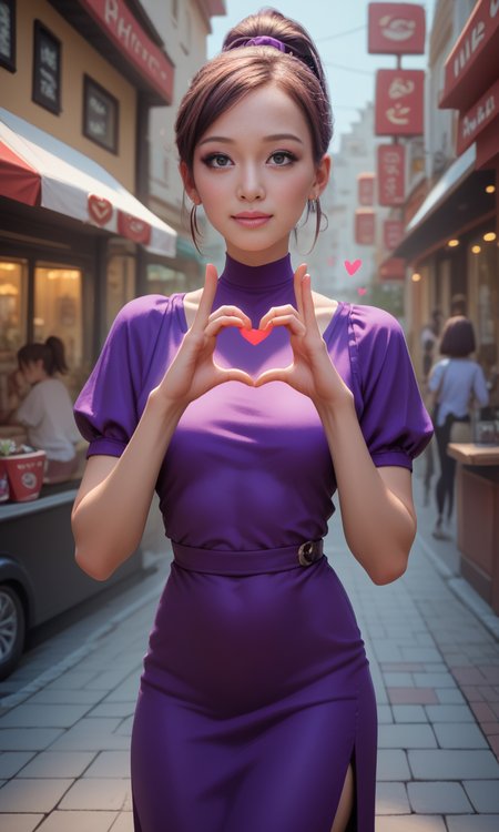 score_9, score_8_up, score_7_up, score_6_up, score_5_up, score_4_up,  slim girl in a street cafe ,  fiheartcl,  making heart with hands, purple short dress  , a blond ponytail    <lora:FingerHeartPony:.8>