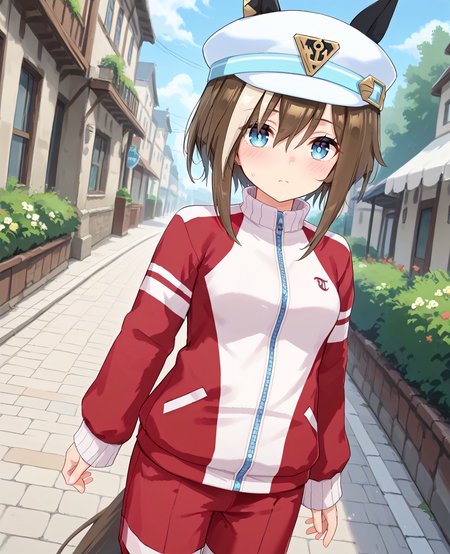 score_9, score_8_up, score_7_up, 1girl, (looking at viewer:1.2), (closed mouth:0.6), expressionless,, nose blush, , 
(Walking with a spring in the step, as if in a sunny day:1.2),, (dutch angle:1.2), 
<lora:pony_cheval_grand_v1.06:0.8>, horse ears, horse tail, black ear covers, cheval grand \(umamusume\), embarrassed, medium small breasts, captain hat, short hair, 
<lora:_sdxl-um-tracenjersey-pony:0.6>, red jacket, track jacket, sleeves past wrists, tracenjerseypants, red short pants,,