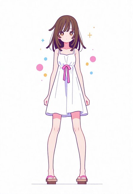 Flatline, Flat vector illustration, looking at viewer, full_body, 
nadeko, long hair, long bangs, brown hair, white dress, sundress, ribbon, bare shoulders,
slim, slender, knees, long legs, beautiful legs, barefoot, geta wooden sandals, 
from front, front view, straight-on, look at viewer, standing, (legs apart:1.4), 
white background,
