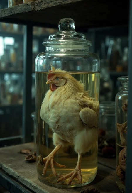 photograph of wet sample of a chicken in a jar of murky liquid. Decomposed with faded colors, ruffled feathers, milky eyes, very detailed, creepy atmosphere, standing in a shelf in a creepy laboratory <lora:wet_sample-000129:1>
