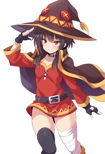 ((score_9, score_8, score_7)), source_anime, (highly detailed), simple background, smile, Konno Tohiro style, Konno Tohiro style, megumin, short hair, black hair, red eyes, short hair with long locks,, thighhighs, gloves, hat, dress, black gloves, belt, black thighhighs, fingerless gloves, cape, collar, witch hat, bandages, red dress, single thighhigh, asymmetrical legwear, bandaged leg, dynamic pose,