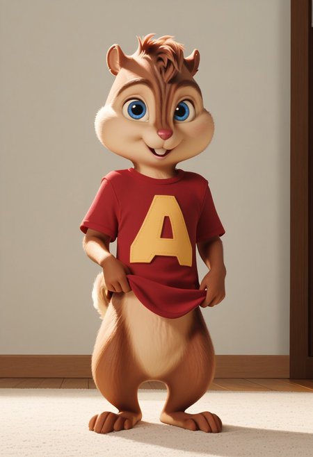 Score_9, score_8_up, score_7_up, source_furry, Alvin Seville, chipmunk, chipmunk male, furry male, furry, long tail, 3d, render, movie screencap, blue eyes, lift red t-shirt , barefoot, painted walls, carpet, looking at viewer, <lora:Alvin _Seville __Alvin_and_the_Chipmunks__CG_Movie_version:0.8>