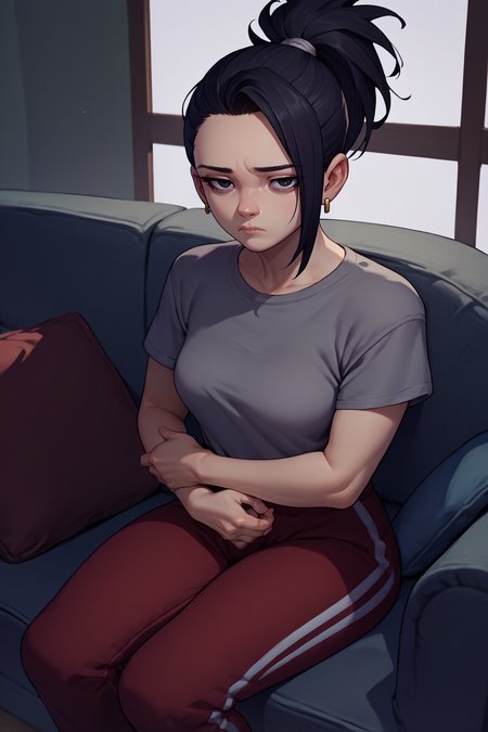 score_9, score_8_up, score_7_up, score_6_up, source_anime, 1girl, solo,  <lora:kale-pdxl-nvwls-v1-000007:1> defKal, black hair, black eyes, ponytail, earrings, grey t-shirt, medium breasts, red track pants, sitting, couch, looking at you, tired
