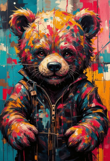 (DxDRG:1.13),, intricate line work only, a large teddy bear,  with an intricate digital glitch effect, with bright colors, sharp detailed focus,(glitch:0.777) and (cyberpunk:0.777), saturated with an overlay dirt textured, abstract surreal. with geometric abstract shapes on the background. The painting features dark tones, high contrast, clean lines, high resolution, and high brush detail.
<lora:MixedMedia:1.01>
<lora:Vintage comic book:0.777>
<lora:flux.1_lora_ink-dynamic:1>
