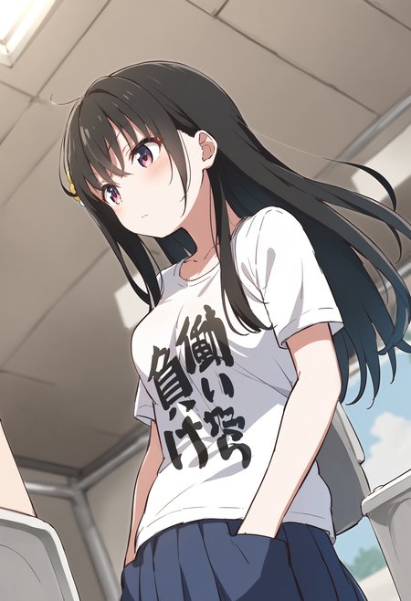 1girl,sincos, ningen mame, toosaka asagi,solo,medium breasts,school uniform,short sleeves,
you work you lose, clothes writing,  short sleeves, t-shirt, <lora:youworkyoulose_XL_v1:1>
ceiling, panorama shot, looking to the side, blue hair, pink eyes,expressionless, public toilet, closed mouth,
best quality, very aesthetic, absurdres