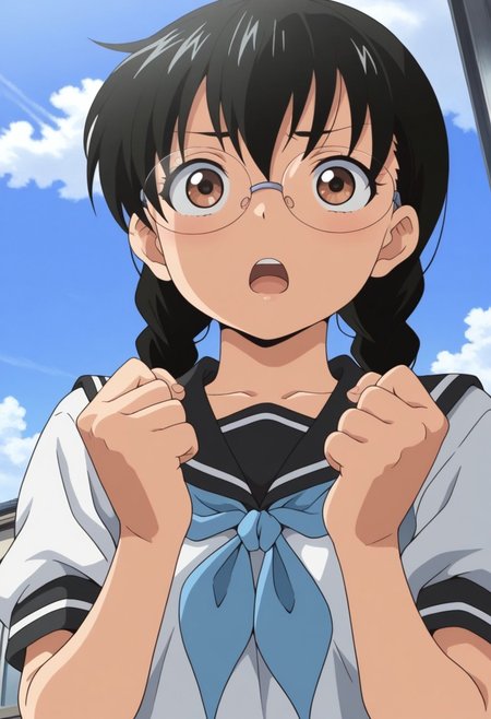 masterpiece,best quality,amazing quality, izumi yuka, glasses, black hair, twin braids, brown eyes, 1girl, solo, school uniform, serafuku, sky, day, open mouth, cloud, braid, clenched hands