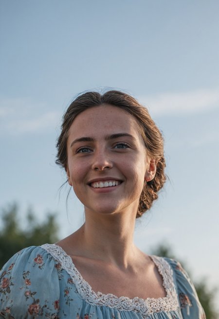 Low angle, Close up of a 25 years Hungarian girl's head and shoulders, tilted head towards, smiling, wearing Vintage Dress, the background is a clear pale blue sky, Sony a7iii, Tamron 35-150mm f/2-2.8 Di III VXD Lens, 85mm focal length, F/1.8, iso 100, Shallow depth of field, Low Contrast, Muted colors, Vintage look, Washed out colors