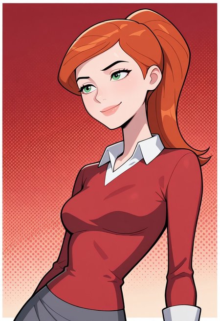 gwenuaf, 1girl, ponytail, solo, green eyes, orange hair, lips, breasts, collared shirt, long sleeves, red shirt, white shirt collar, dark grey skirt, black pants,, smile, upper body, halftone effect, white borders, abstract background:1.2, , masterpiece, best quality, amazing quality, very aesthetic, absurdres, newest, red background,