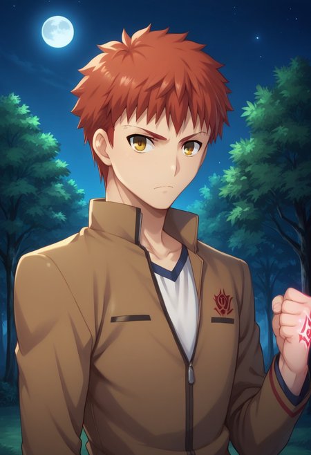 score_9, score_8_up, score_7_up, source_anime, highly detailed, 
shirouemiya, 1boy, male focus, homurahara academy school uniform, solo, school uniform, command spell on hand, yellow eyes, upper body, red hair, jacket, long sleeves,
brown jacket, looking at viewer, orange hair, shirt, closed mouth, raised hand, mark on hand, aura,
short hair, serious, closed fist
outdoor, trees, night, moon,