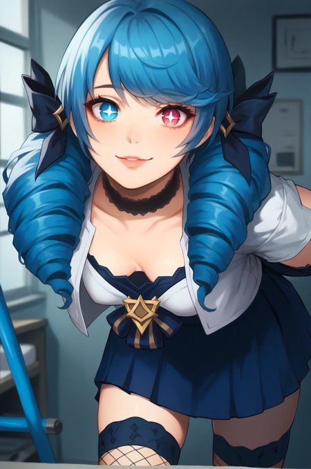 score_9, score_8_up, score_7_up, score_6_up, source_anime,
indoors, white wall, laboratory, medical,
1girl, gwen \(league of legends\), cowboy shot, depth of field, 
long hair, blue long hair, 
detailed eyes, heterochromia, tsurime, long eyelashes, symbol-shaped pupils, 
evil smile, closed mouth, parted lips, 
(blue lace choker:1.2), 
arms behind back, leaning forward, (blue elbow gloves:1.2), 
small breasts, 
blue shirt, (cropped jacket:1.3),  crop top
blue skirt, (blue fishnet thighhighs:1.2), 
<lora:league_of_legends_pony:0.9>,
 <lora:CamonomeV2:1>,
 <lora:Pony_DetailV2.0:1>