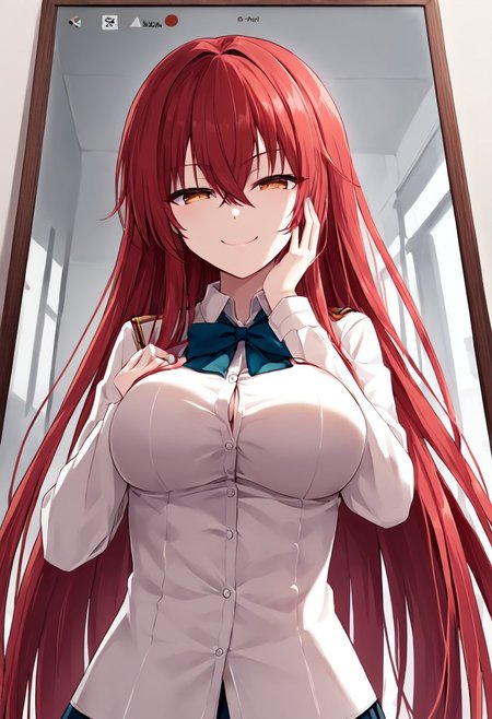 absurdres, source_anime, solo, from below, dutch_angle, out-of-frame_censoring, polaroid, photo, picture, looking at viewer, leaning, hair_between_eyes, :3, smile, red hair, very long hair, long bangs, hair_over_face, hand on face, face focus, detailed eyes, large breast, city, dress shirt, skirt, school uniform, half-closed eyes, smug
