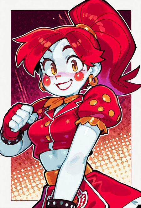 <lora:ilglambab-10:1> glambab, white skin, 1girl, red hair, ponytail, wide smile, earrings, short puffy sleeves, red fingerless gloves, red dress, red lips, midriff, red nose,  ((dynamic pose)), red skirt,  <lora:Wamudraws_Style_Ill:1> artist:wamudraws, score_9, score_8_up, score_7_up, masterpiece, best quality, masterpiece, best quality, amazing quality, very aesthetic, absurdres, newest,, upper body, halftone effect, white borders, abstract background:1.2,