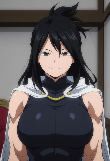 1girl,solo,mm,mature female,black hair,mole under mouth,long hair,muscular,black eyes,large breasts,anime coloring,
bodysuit, cape,sleeveless,upper body, looking at viewer, smile,indoors 
,masterpiece,best quality,amazing quality,<lora:Shimura_nana-My_Hero_Academia:0.8>