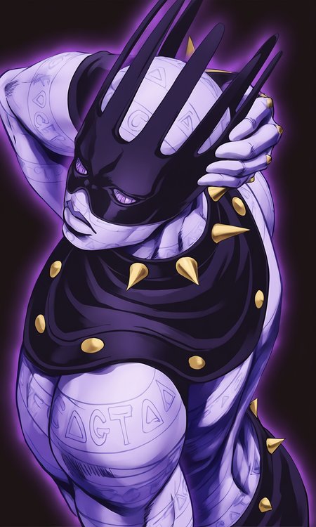 masterpiece, best quality,
from above, upper body, frpm behind, looking back,
hand behind head,
stand(jojo), 
white_snake\(jojo_stone_ocean\), 1man, solo,
mask, crown, spiked collar,
tattoo, wristband,
purple skin, glowing outline, purple outline,
black background,
<lora:JOJO_WhiteSnake_iXL-000019:0.9>